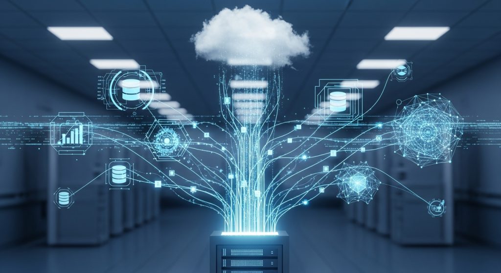 Infrastruttura cloud sanitaria connessa a sistemi di intelligenza artificiale