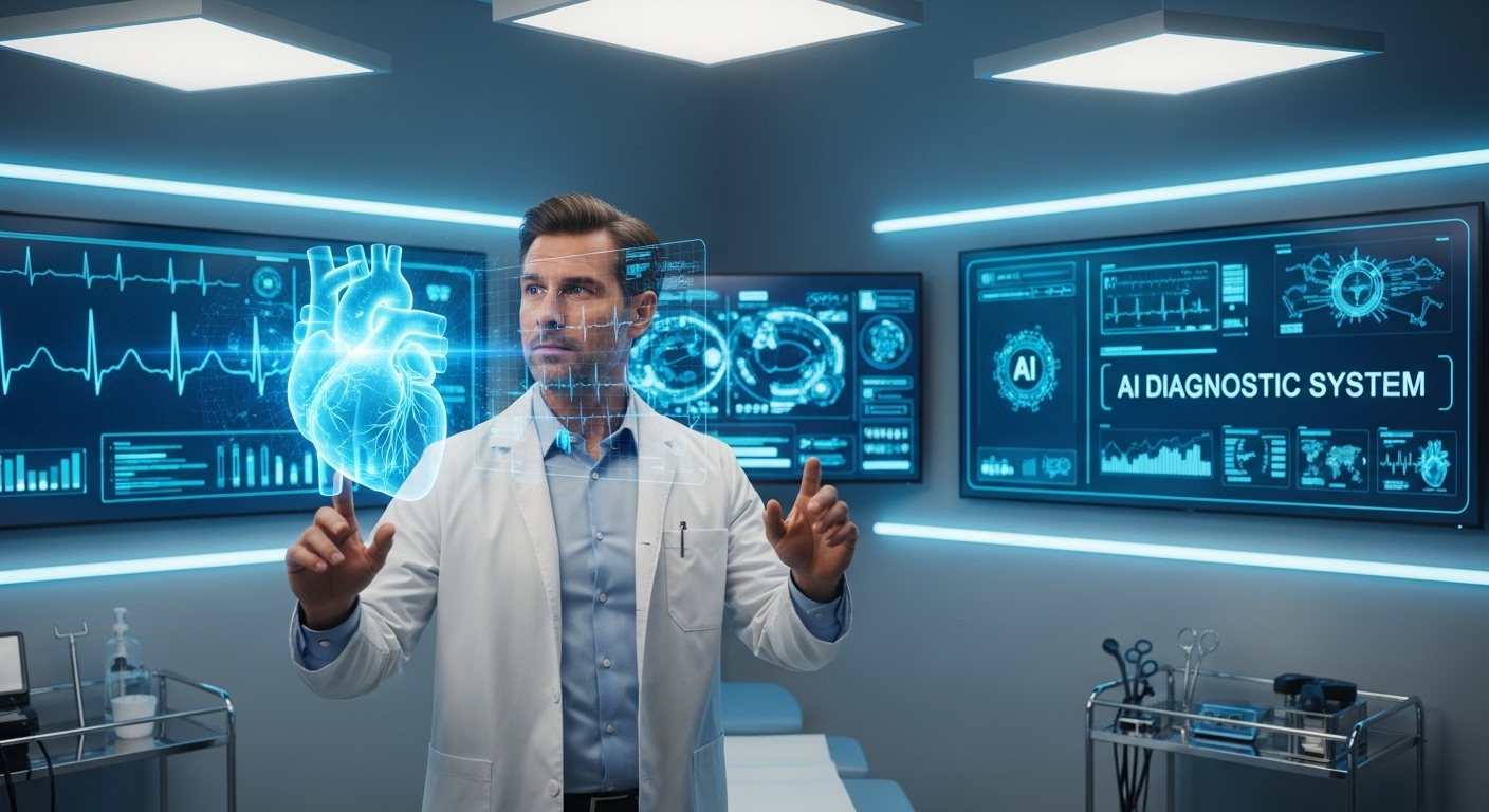 Cardiologo osserva modelli digitali del cuore elaborati da un sistema di intelligenza artificiale