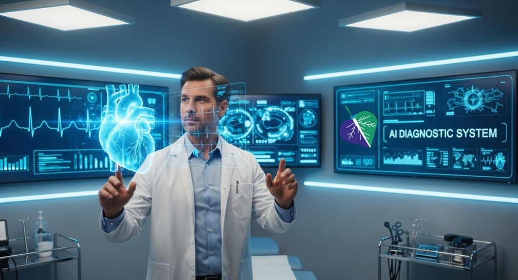 Cardiologo osserva modelli digitali del cuore elaborati da un sistema di intelligenza artificiale
