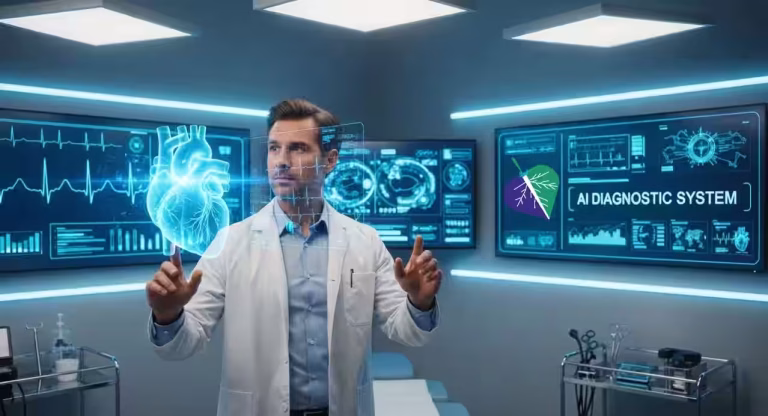 Cardiologo osserva modelli digitali del cuore elaborati da un sistema di intelligenza artificiale