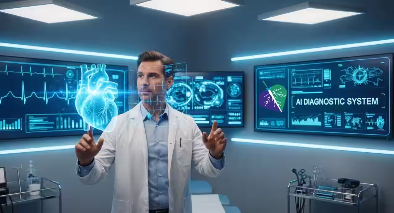 Cardiologo osserva modelli digitali del cuore elaborati da un sistema di intelligenza artificiale