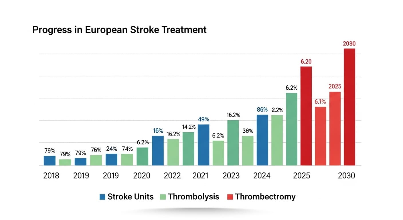 Progressi 2018–2025: Grafico dei risultati stroke care europei.