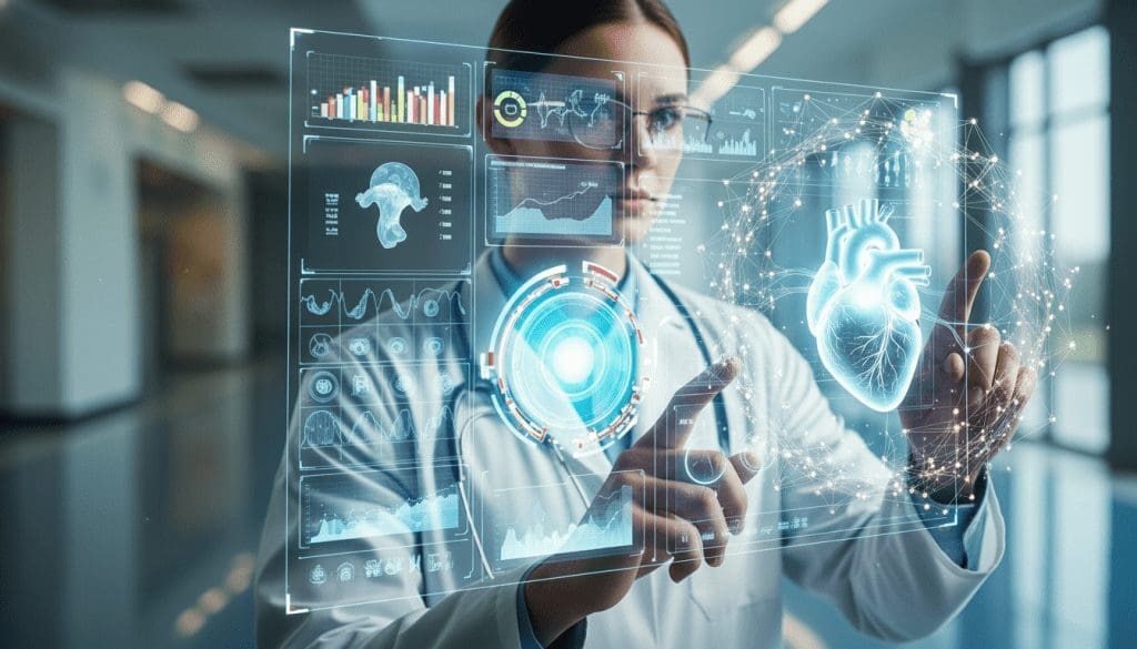 Medico che utilizza una dashboard di intelligenza artificiale per analizzare dati cardiaci