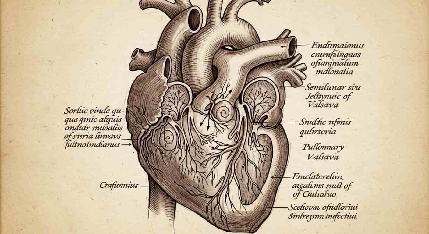 Illustrazione anatomica del cuore e dei vortici ematici secondo Leonardo da Vinci.