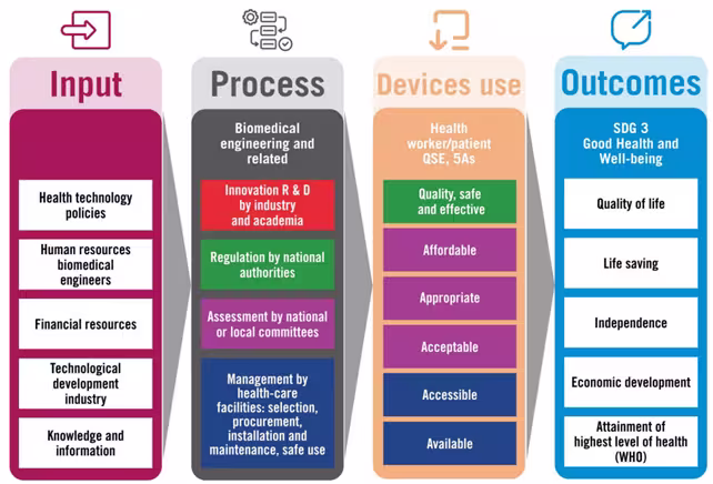 Schema OMS “dalle politiche al benessere” che collega input, processi, uso dei dispositivi e risultati di salute